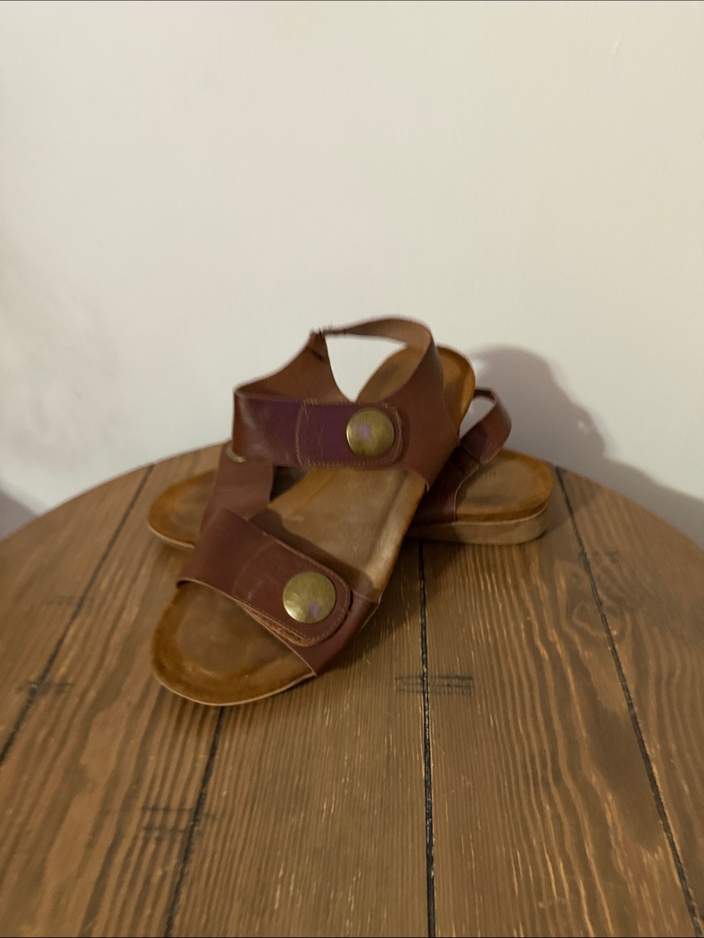 Pierre Dumas Brown Leather Slide Sandals with Antique Brass Buttons - Picture 5 of 5